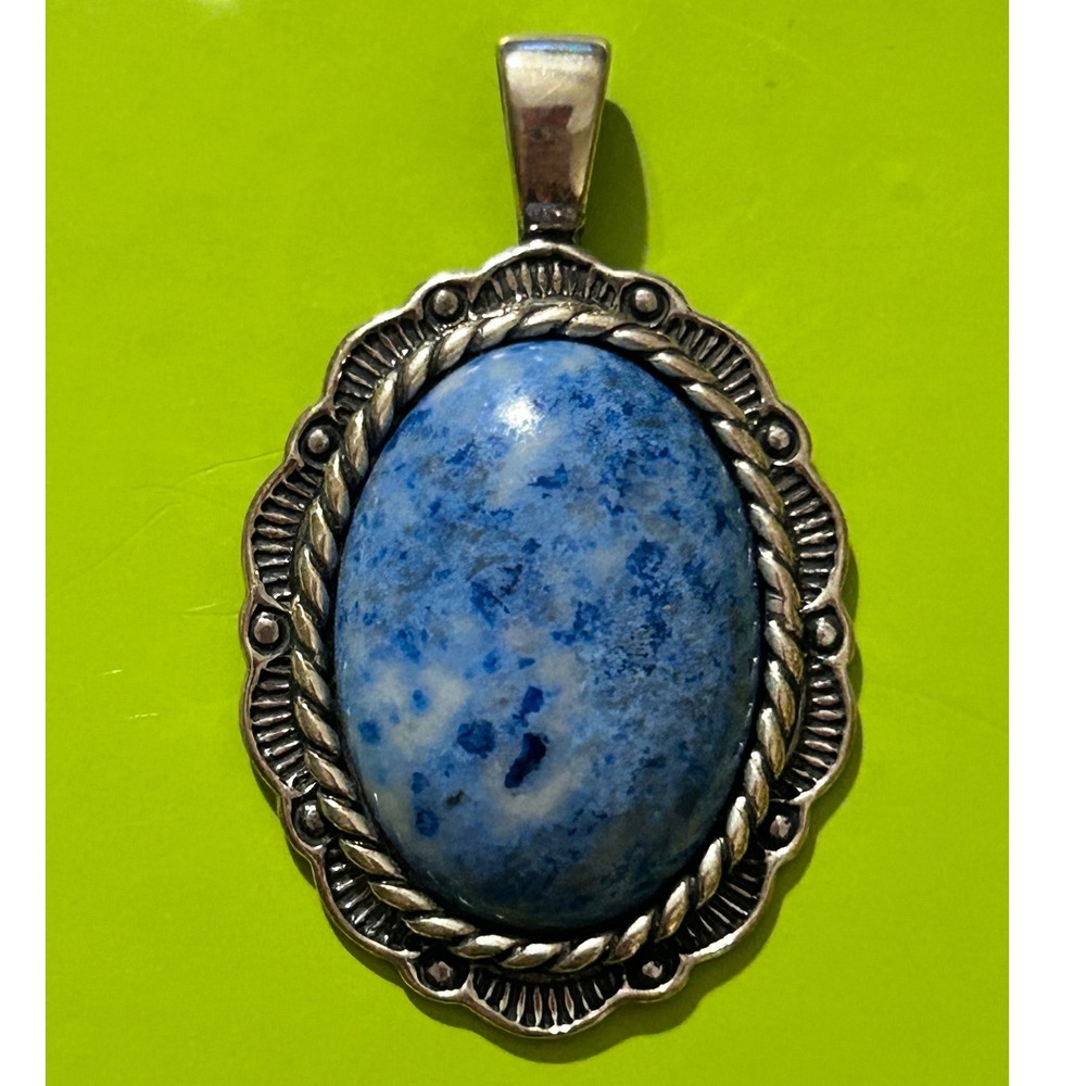 Vintage Sterling Silver Large Oval Blue Lapis Lazuli Scalloped Pendant